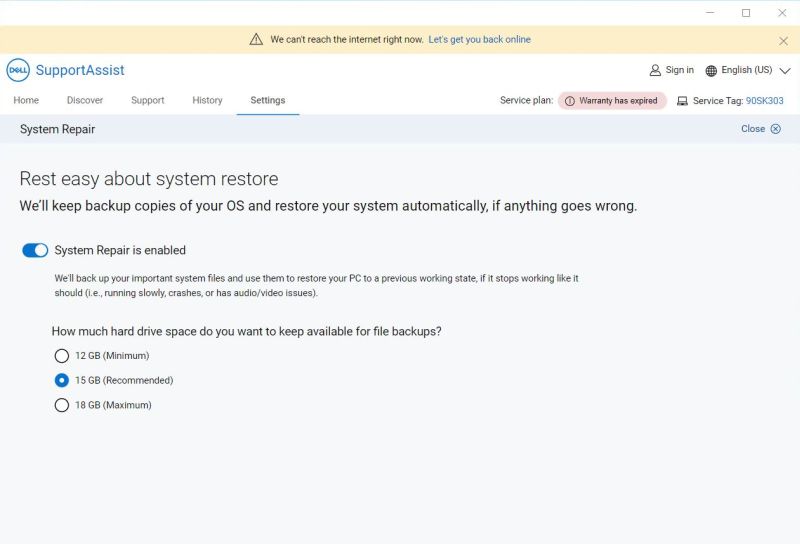 Dell SupportAssist: System Repair default settings