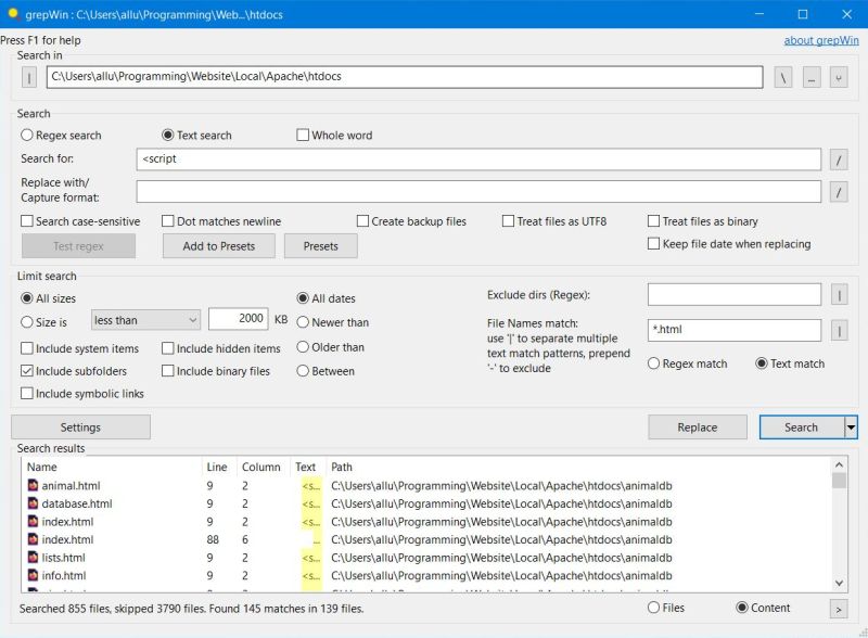 GrepWin: Searching the entire Apache htdocs for HTML files including a Javascript reference