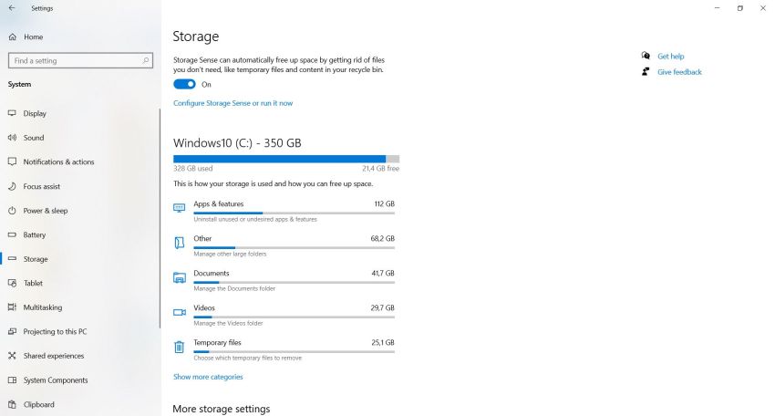 Windows 10 Storage Sense: 25GB of temporary files