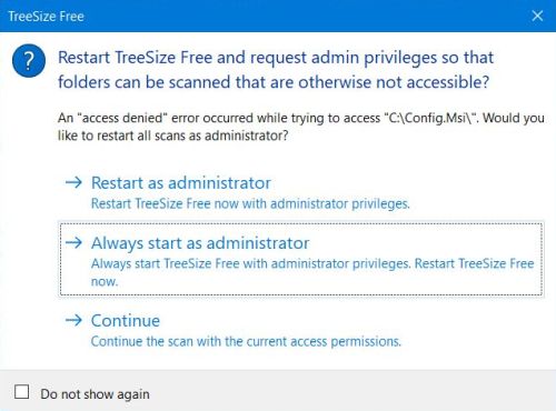 TreeSize Free on Windows 10: Running the application as administartor