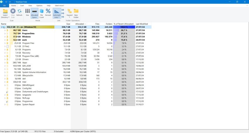 TreeSize Free on Windows 10: Drive C: scan