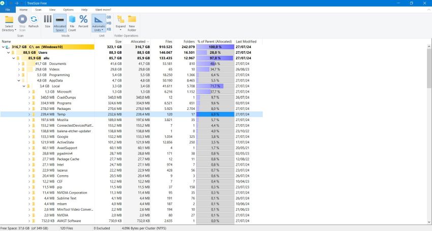 TreeSize Free on Windows 10: Local temporary files