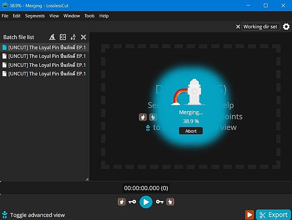 Joining video files: LosslessCut - Progress of the joining operation
