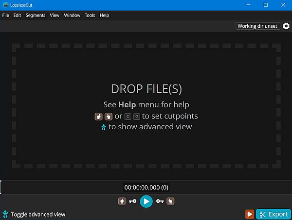 Joining video files: LosslessCut - Simple view of the GUI