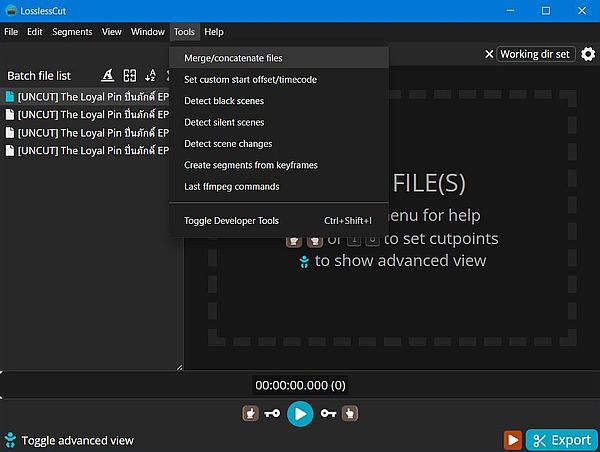 Joining video files: LosslessCut - Choosing to merge the files in the list