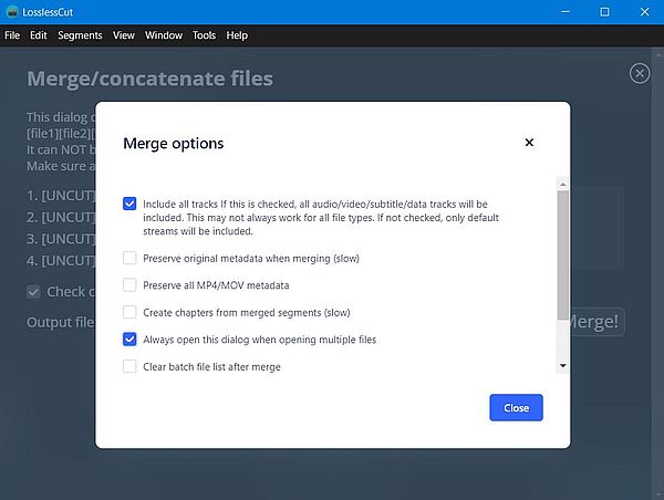 Joining video files: LosslessCut - Merge options
