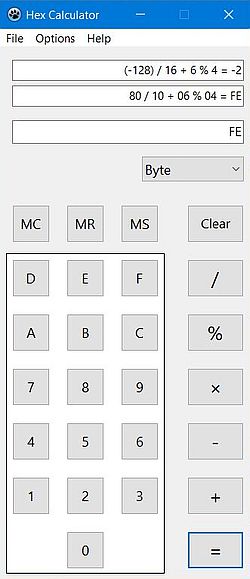 Simple hexadecimal calculator PC application