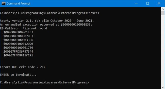 Using the Lazarus/Free Pascal 'Exec' procedure: Error 217 returned by the 'DosExitCode' function