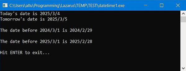 Date and time handling in Free Pascal: Sample program using DecodeDate() and EncodeDate()