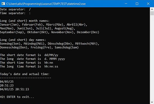 Date and time handling in Free Pascal: Sample program using the predeclared variables and the Windows regional settings date/time display format