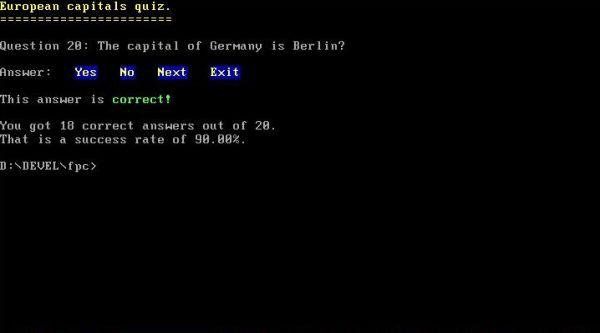 Free Pascal mouse support on DOS: European capitals yes/no quiz