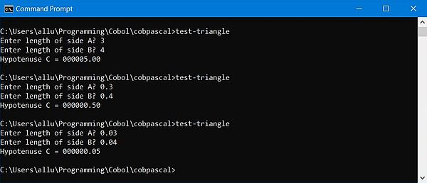 GNU Cobol calls Free Pascal: Execution of a hypothenuse calculation program sample