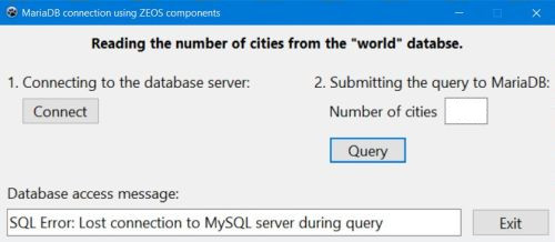 Zeos with Lazarus: Simple MariaDB database application - SELECT query failure (lost connection)