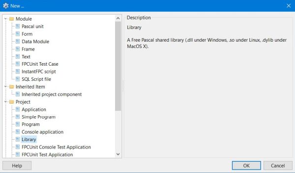 Free Pascal dynamic link libraries: Creating a new 'Library' project in Lazarus