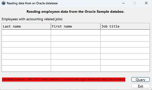 Simple Lazarus database project with Oracle Database: Trying to connect with a bad password
