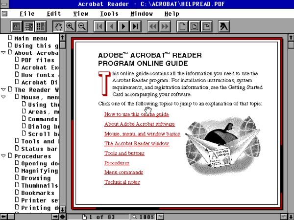 Acrobat Reader on FreeDOS: The Acrobat Reader Online Guide opened in the application