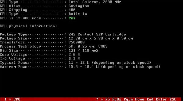 AIDA system information tool on FreeDOS: CPU overview