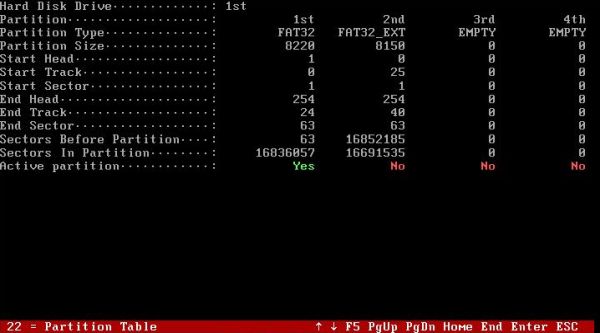 AIDA system information tool on FreeDOS: Harddisk partition table information