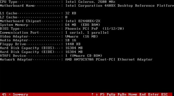 AIDA system information tool on FreeDOS: Hardware summary