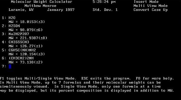 Molecular Weight Calculator for DOS: Multi view molecular weight calculations Molecular Weight Calculator for DOS: Multi view molecular weight calculations