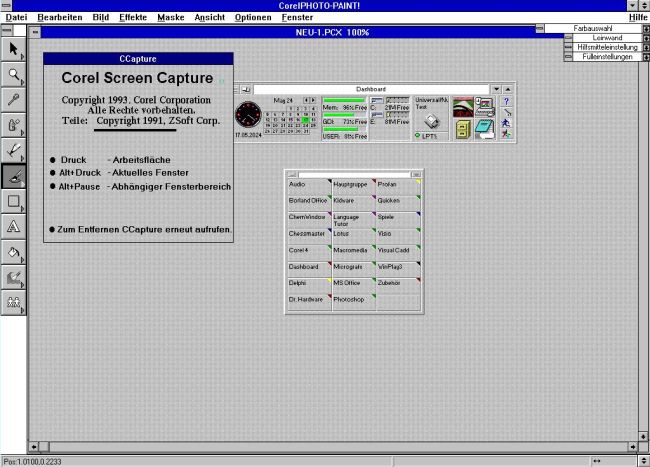 CorelDRAW! 4.0 on Windows 3.1: Desktop screenshot, taken with CCapture, opened in CorelPHOTO-PAINT!