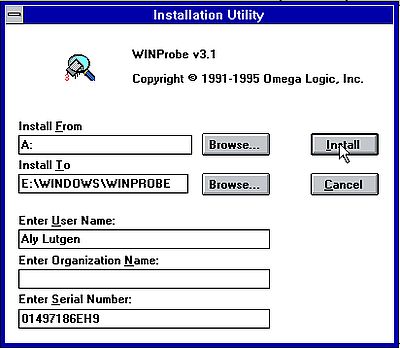 WINProbe on Windows 3.1: Installation - Installation directory, user information and serial number input