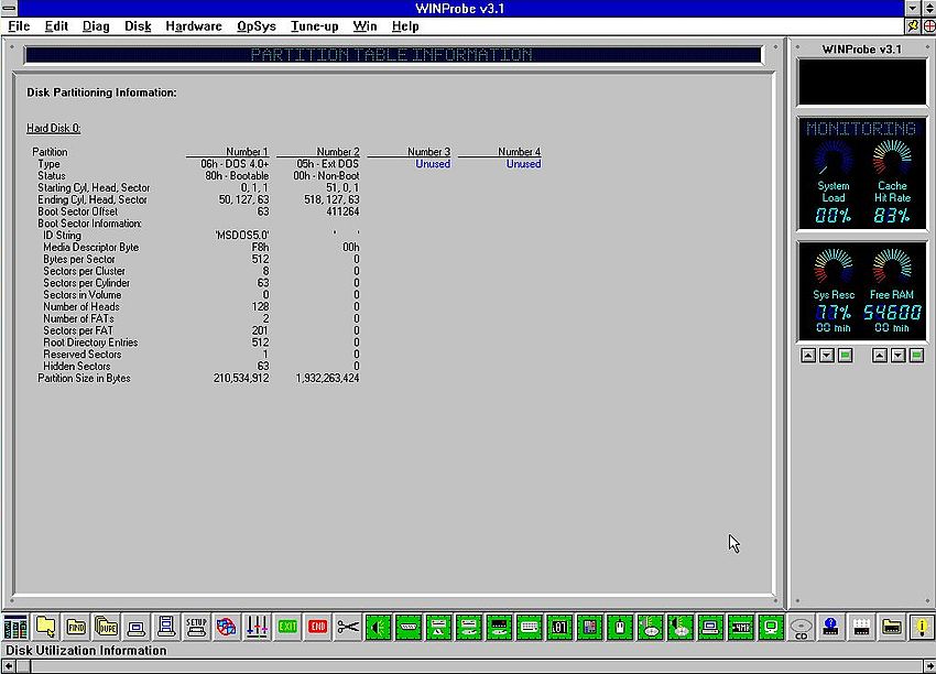 WINProbe on Windows 3.1: Disk information - Partition table