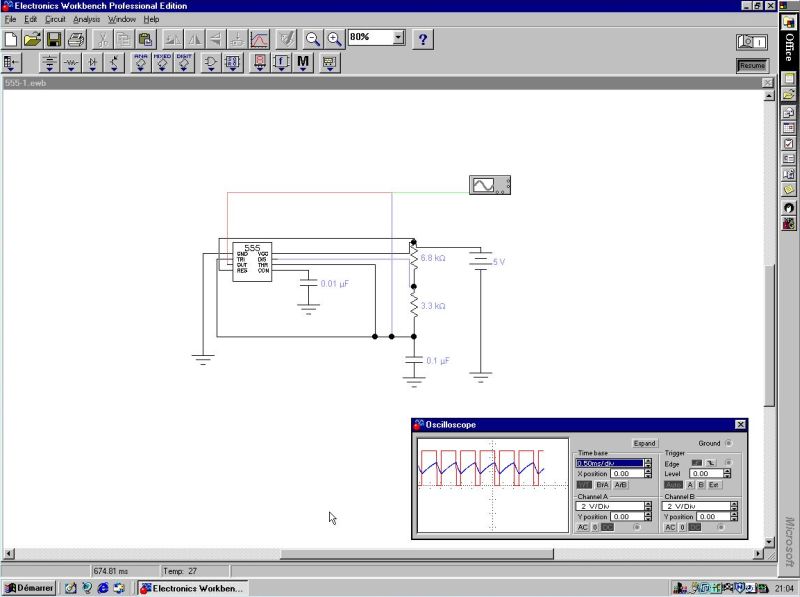 Electronic Workbench Pro: Simulation of an astable multivibrator based on the 555 timer IC