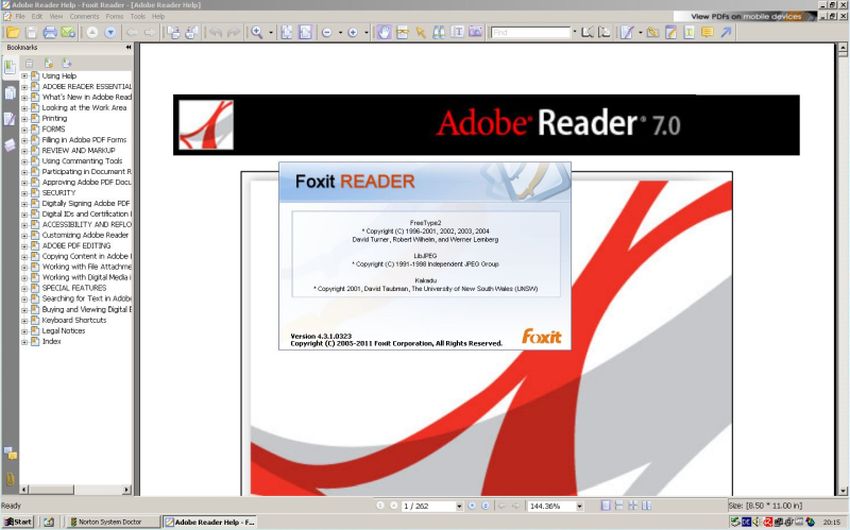 Foxit Reader 4.3 running on a Windows 2000 Pro virtual machine