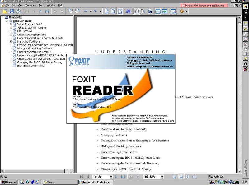 Foxit Reader 1.3 build 0104 running on a Windows 95C virtual machine