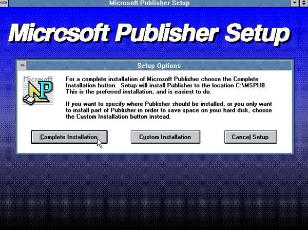 Microsoft Publisher on Windows 3.0 Multimedia Edition: Setup of Publisher 1.0a - Choosing to do a complete installation