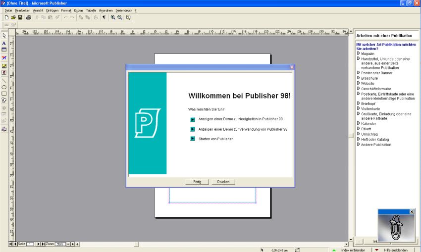 Microsoft Publisher 98 on Windows XP: Publisher startup page