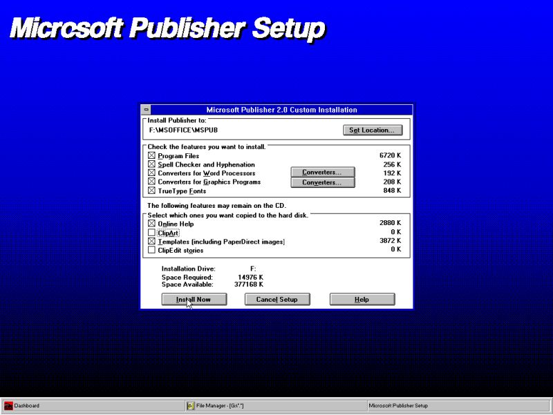 Microsoft Publisher on Windows 3.11: Setup of Publisher 2.0a - Components selection