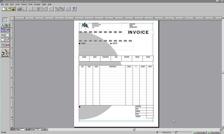 Microsoft Publisher 95 on Windows NT4: Invoice, created with the Business form page wizard