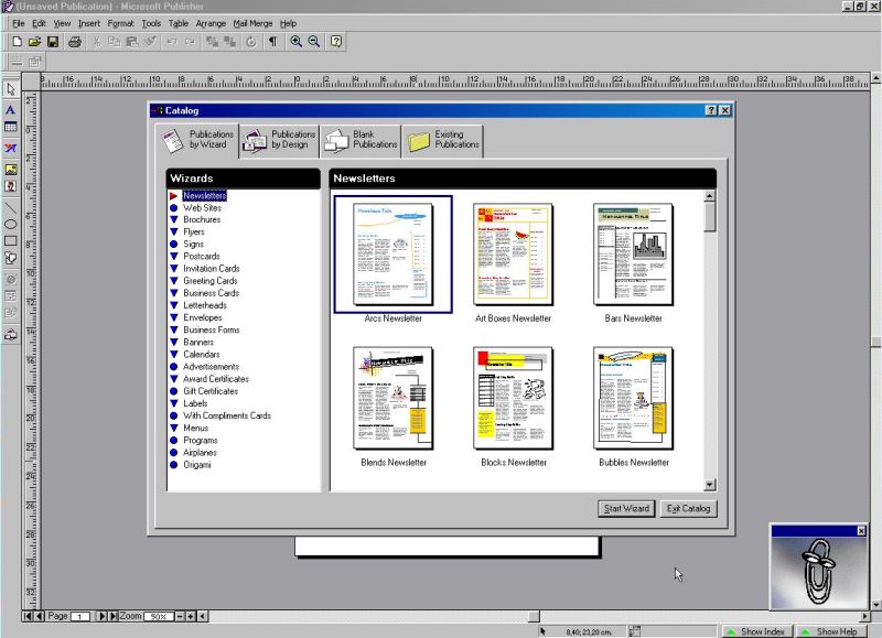 Microsoft Publisher 98 on Windows 98: Selecting a newsletter template, that you can adapt using the corresponding wizard