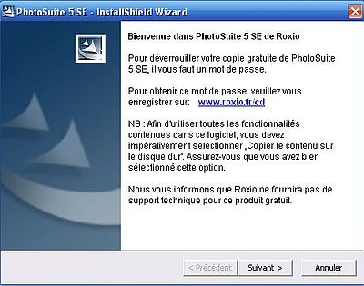 Roxio Photosuite on Windows XP: Installation - Information window