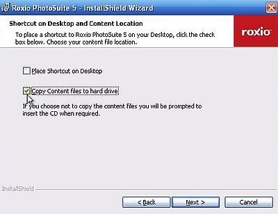 Roxio Photosuite on Windows XP: Installation - Selecting to copy the Content files to the hard drive