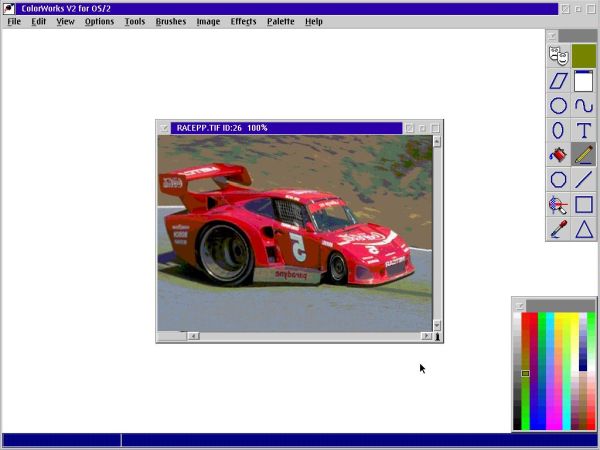 ColorWorks V2 on OS2 Warp 4 - One of the included .TIF picture samples (horizontally flipped) opened in the editor