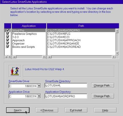 Lotus SmartSuite For OS2 Warp 4 - Installation: Component selection