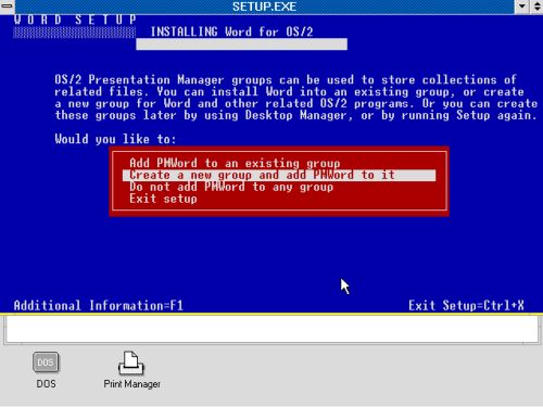 Microsoft Word on OS/2 1.3 - Installation: Choosing to create a new Program Group