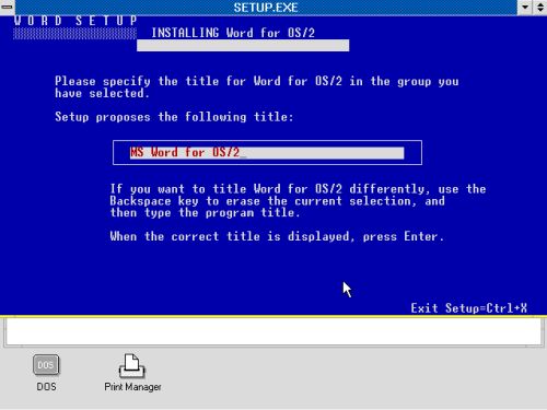 Microsoft Word on OS/2 1.3 - Installation: Choosing a name for the 'Word' shortcut