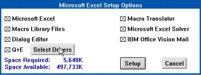 Microsoft Excel on OS/2 1.3 - Installation - Choosing the components