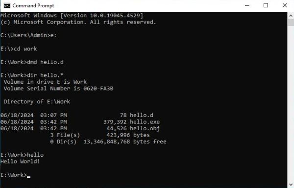 D on Windows 10 - Building and running a simple program in Command Prompt