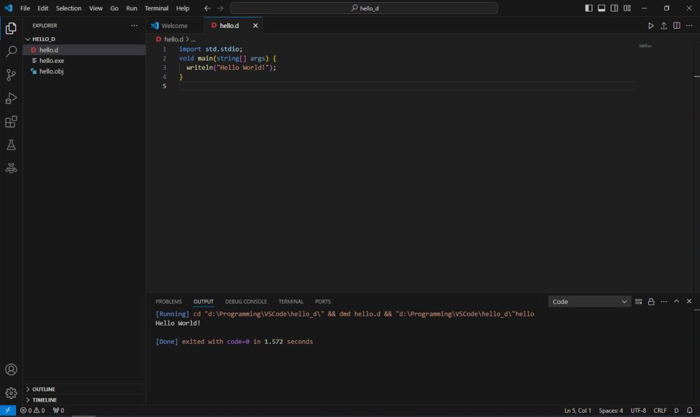 D on Windows 10 - VSCode: Building and running a simple 'Hello World' program