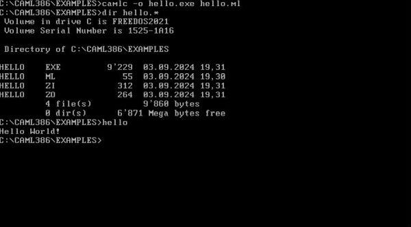 Caml Light on Free-DOS: camlc.exe - Compiling and running a simple 'Hello World' program