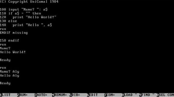 COMAL 80 on MS-DOS: Writing and running a simple 'Hello World' program