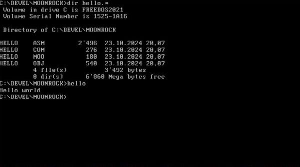 MoonRock on Free-DOS: Running hello.com, built from the included sample hello.moo