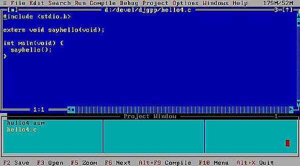 Using RHIDE with NASM 32-bit on FreeDOS: C source file, opened in RHIDE