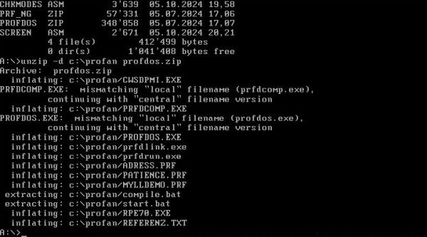 Profan 7 on FreeDOS: Unpacking the zip download archive