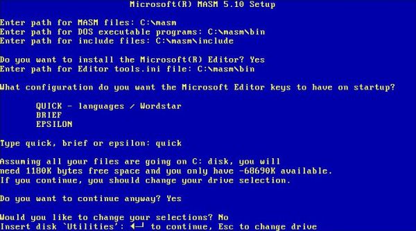 XPL0 on MS-DOS 6.22: Installing MASM - Ignoring the disk space warning and starting file copy